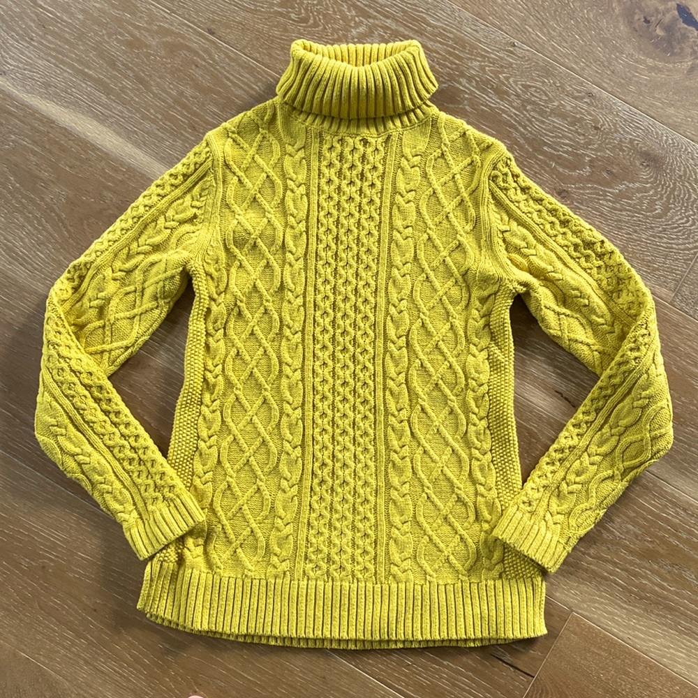 Lands' End Mustard Cable Knit Turtleneck Sweater